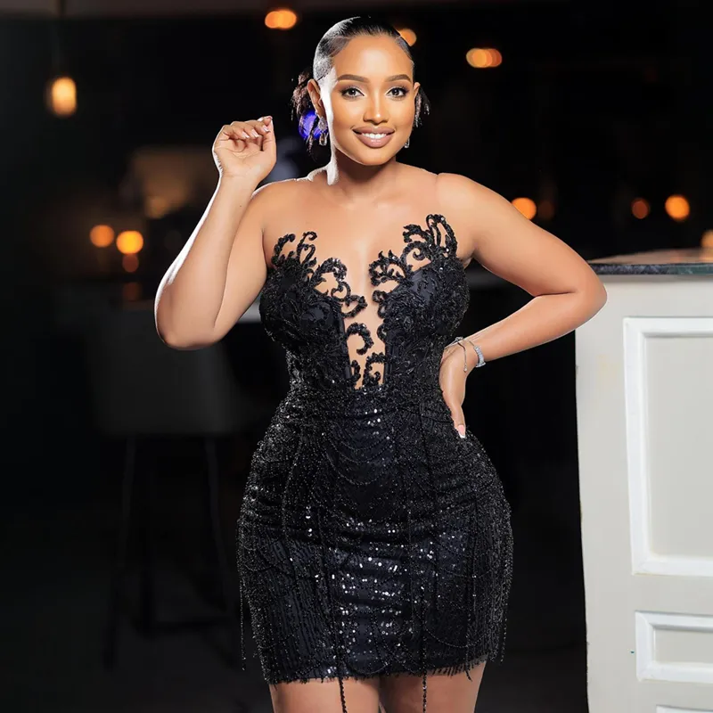 Black Cocktail Dress for Women Sheath Mini Tulle Lace Beaded Illusion Neck  Evening Wear with Tassel and Lace-up Back from Dhgate Cocktail Dresses -  price 159.56