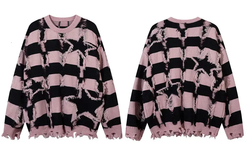 Hip Hop Knitted crochet sweater with Star Tassel and Tear