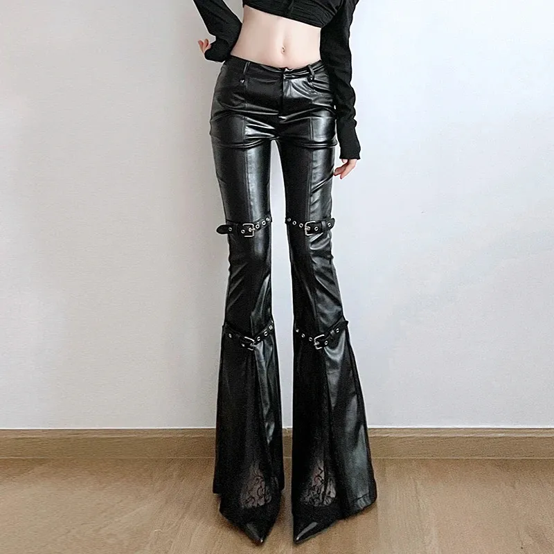 パンツ seyto Vintage fake leather flare pants SUCHCUTE Gothic PU Leather flare pants with Lace Patch for