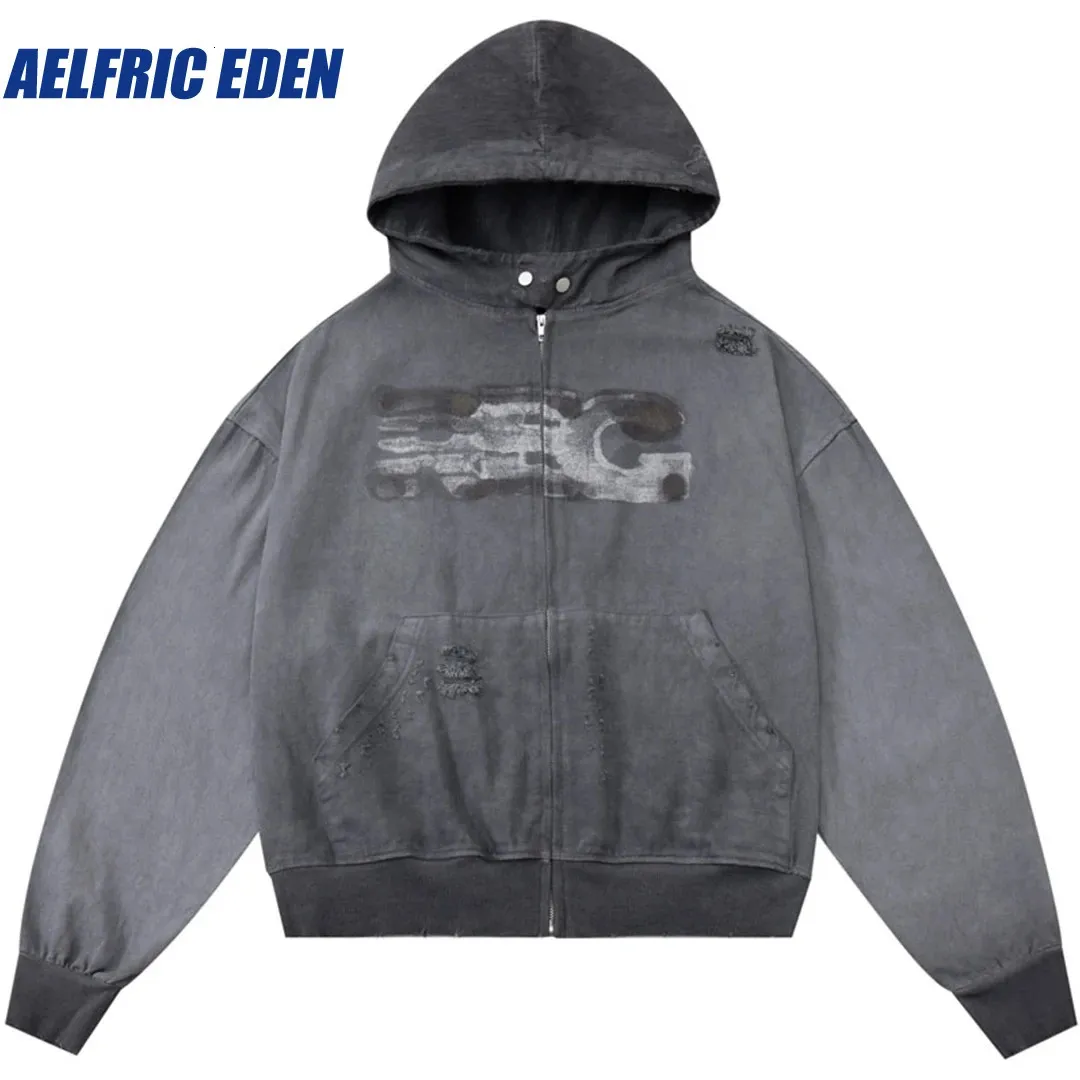 Distressed Zip Up Hoodie: Vintage Streetwear Jacket, Premium