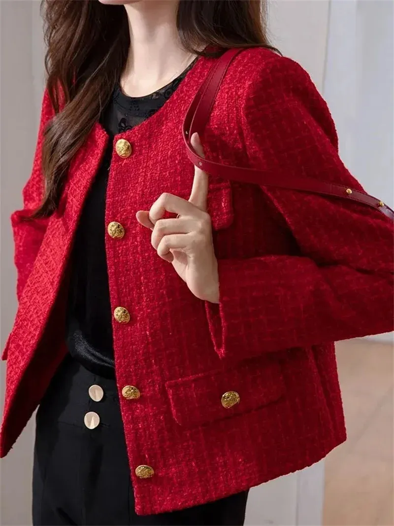 Casual Womens Red Tweed Asymmetric Jacket Acetate Fabric Spring