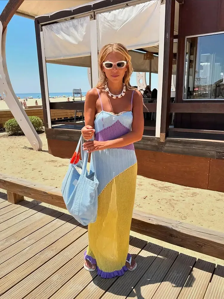 Contrast Color Patchwork Knitted Dress Floor-Length Short Sleeve Chiffon  Summer Womens Beach Holiday Party from Dhgate Basic & Casual Dresses -  price 79.53