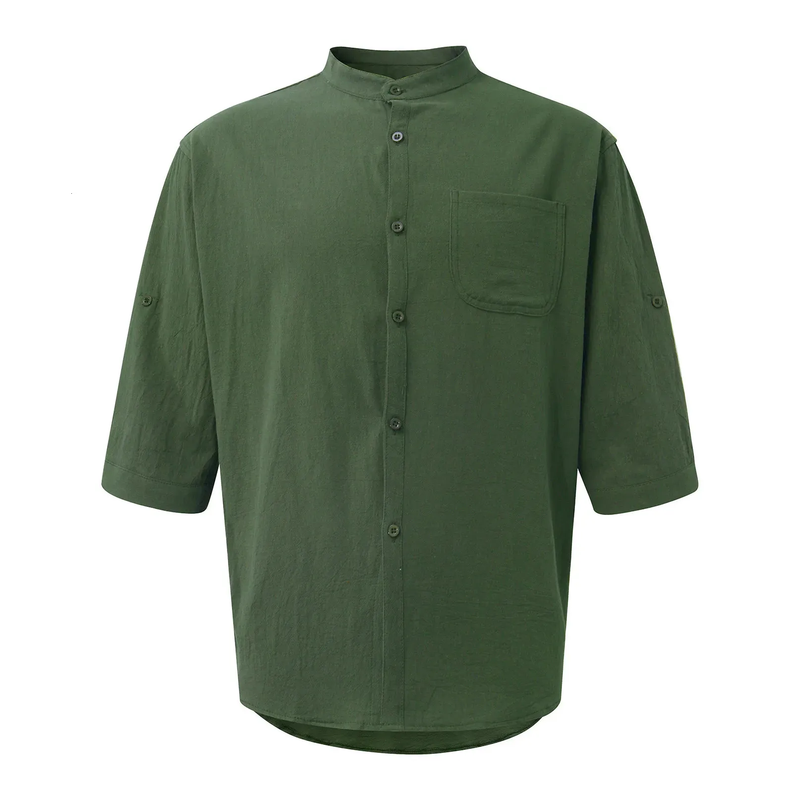 Mens Summer Shirt Stand-up Collar Five-point Mid-sleeve Cotton