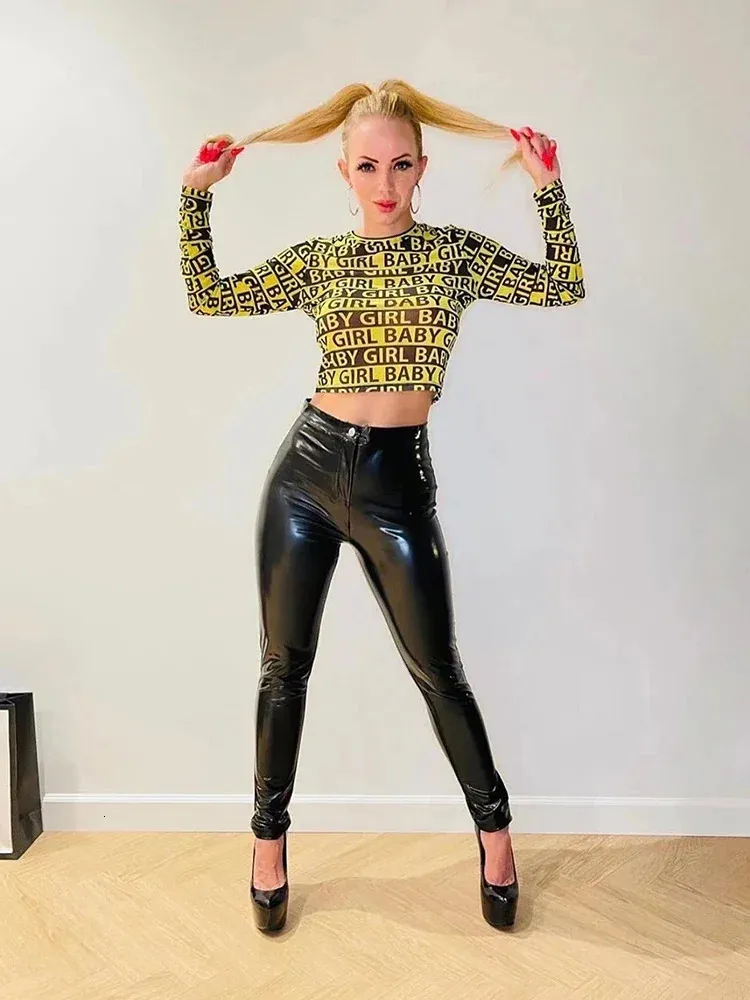 Sexy High Waist Black Wine Navy Leather Leggings Near Me for Women - Elastic PU Leather Skinny Pants with Shiny Metallic Latex (Style 241021