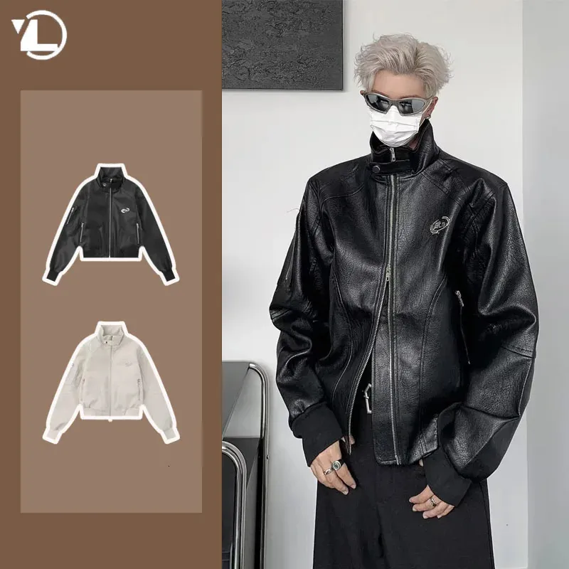 Punk Leather Jacket Mens Spring Stand Up Collar Streetwear Y2K Hip