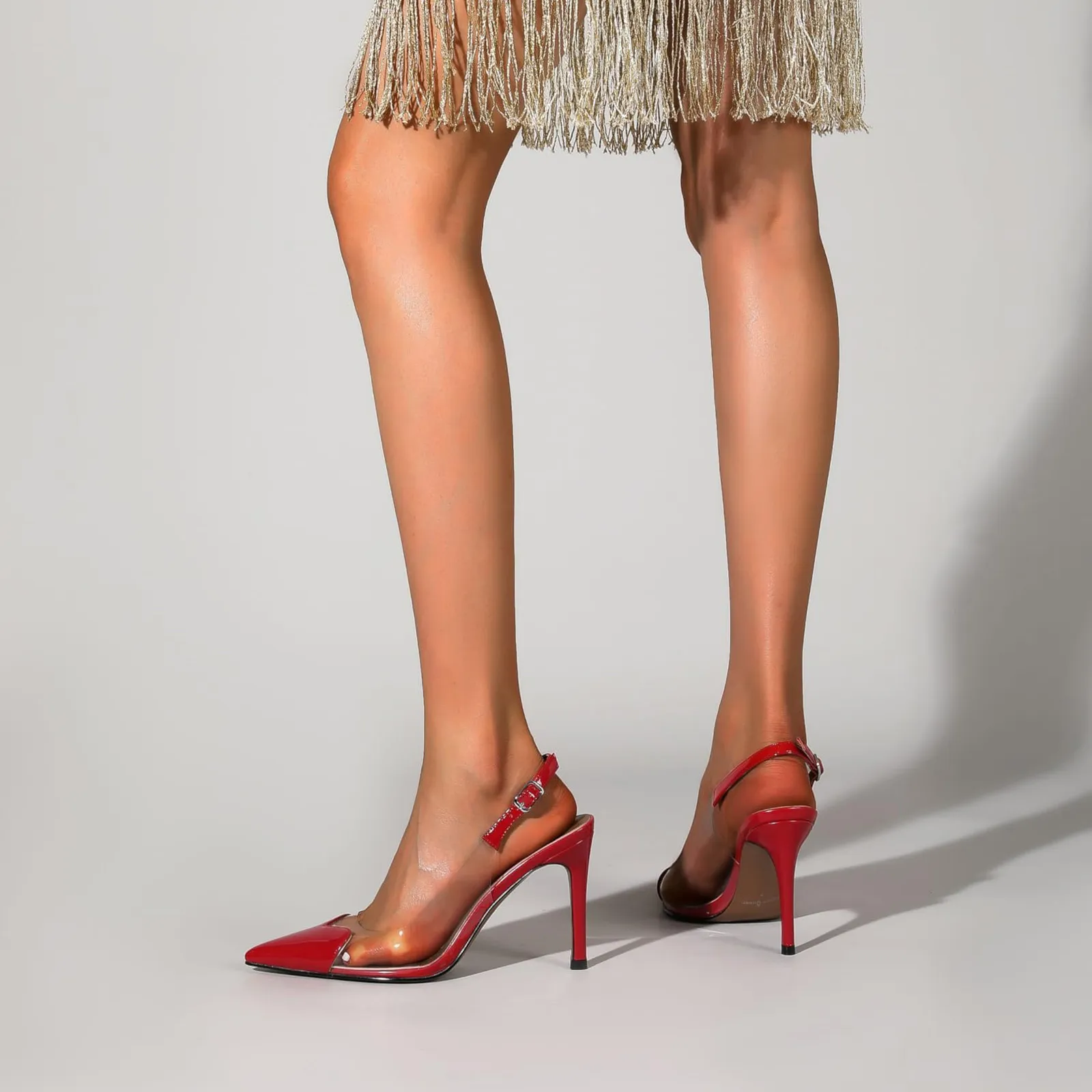 Red Clear Slingback Heels Pointed Toe Sexy Pumps with Love Pattern
