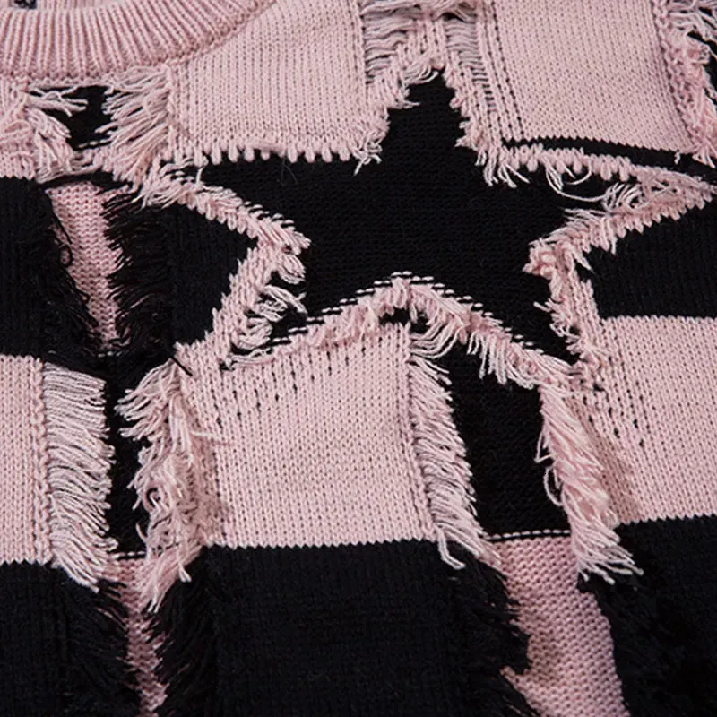 Grunge Star Knit Sweater: Distressed Harajuku Pullover, Punk