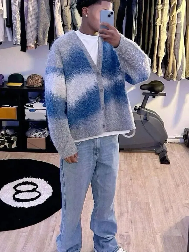 Men s Tie Dye Cashmere Wool Cardigan Sweater Long Sleeve Knitted Warm Jacket
