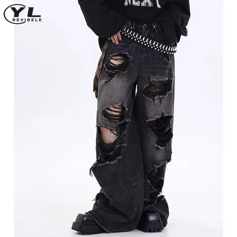 パンツ jimwag Heart pocket denim pants BLACK Men's Straight Leg Baggy Hip Hop Jeans Fashion Oversized