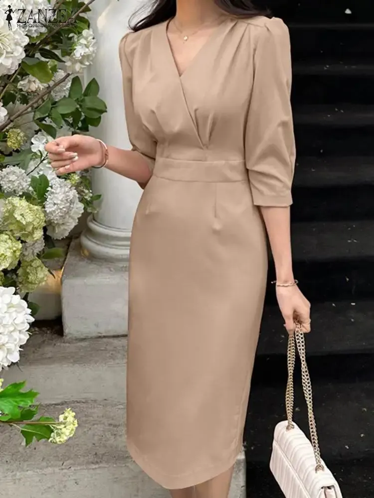 Elenaです DHgate.com:Elegant Midi Dress: Summer V-Neck Bodycon with 3