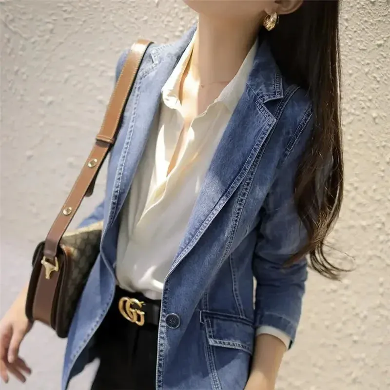 Blazer En Jean Lâche Printemps Femme - Veste Décontractée Manches Longues Vintage