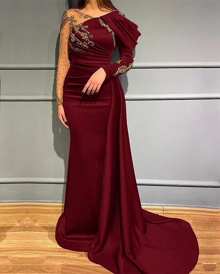 burgundy mermaid off the shoulder prom dress Burgundy Off the Shoulder Short Sleeves Mermaid Formal Dress With Applique main image 0