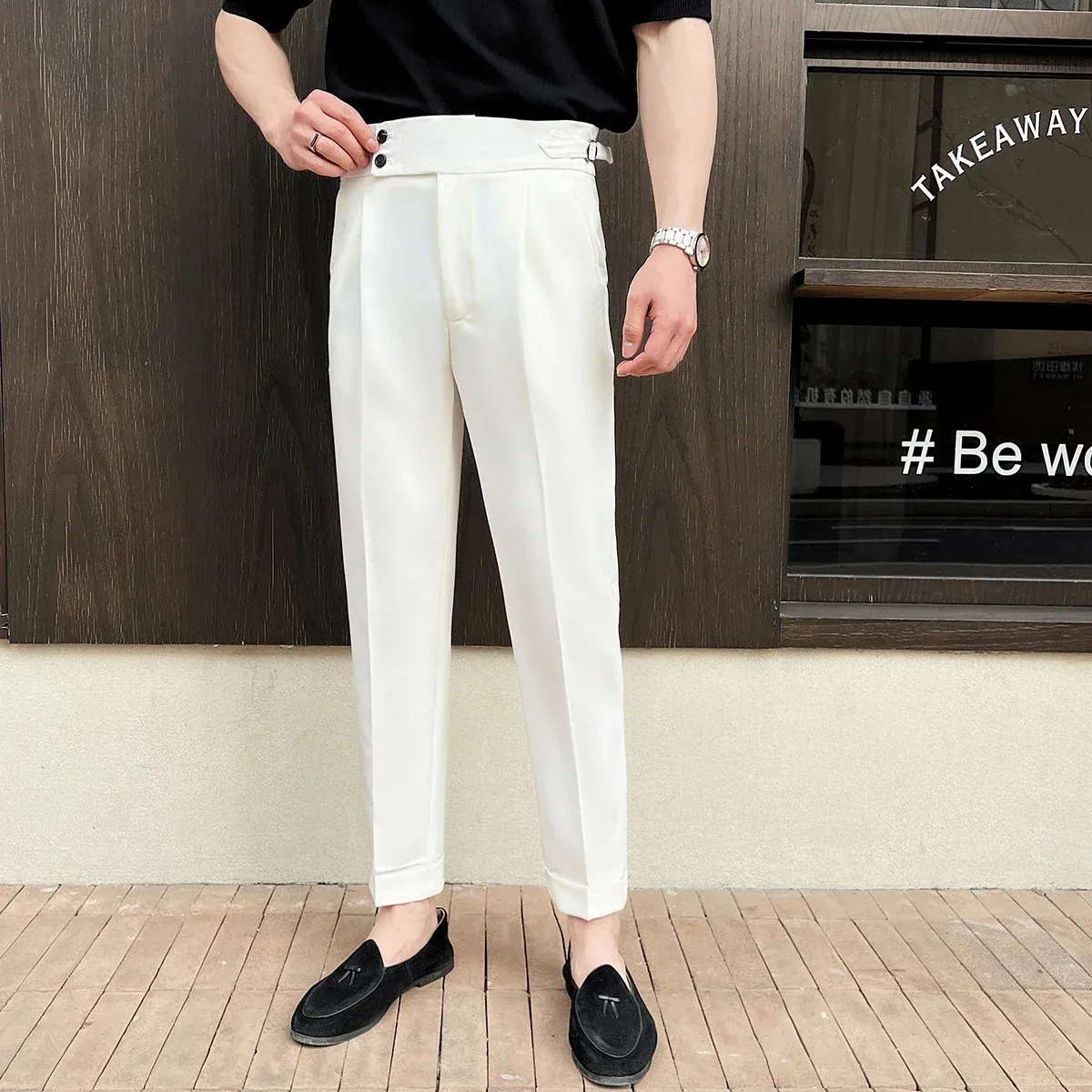 slim fit dress slacks Men's Japanese Casual High Waisted Straight Pants Slim Fit Dress Pants –  chicoud main image 1
