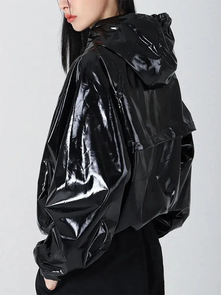 Shiny Patent Leather Flight Jacket Coat Women Gothic Faux Leather Hooded Overcoat Pocket Long Sleeve PVC Raincoat Custom 240806
