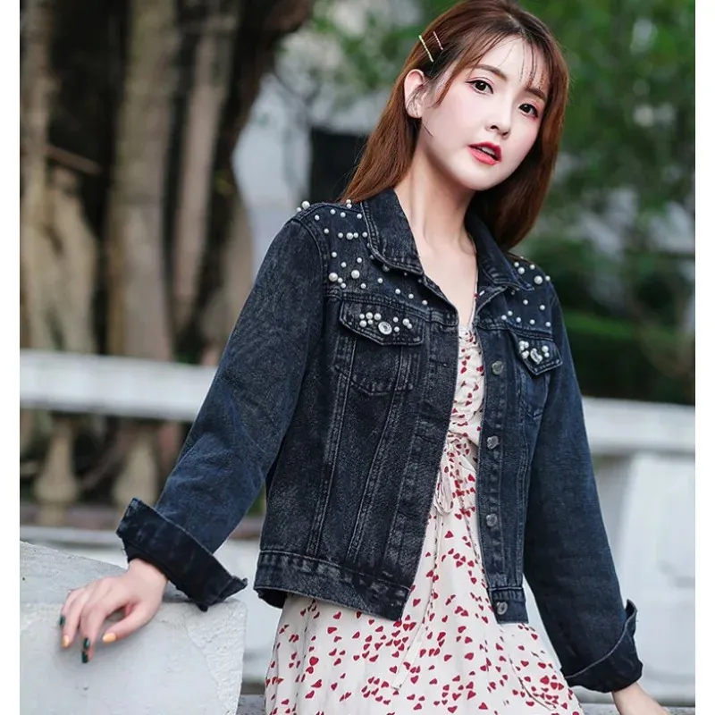 Beaded Pearl Women's Denim denim jacket - Loose Fit for Beaded Pearl Women's Denim denim jacket - Loose Fit for