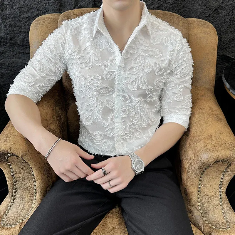 Product Title: Men's Lace Hollowed Out Half Sleeve Slim Fit ShirtProduct Description: This Men's Lace shirt is a perfect choice for those who want to
