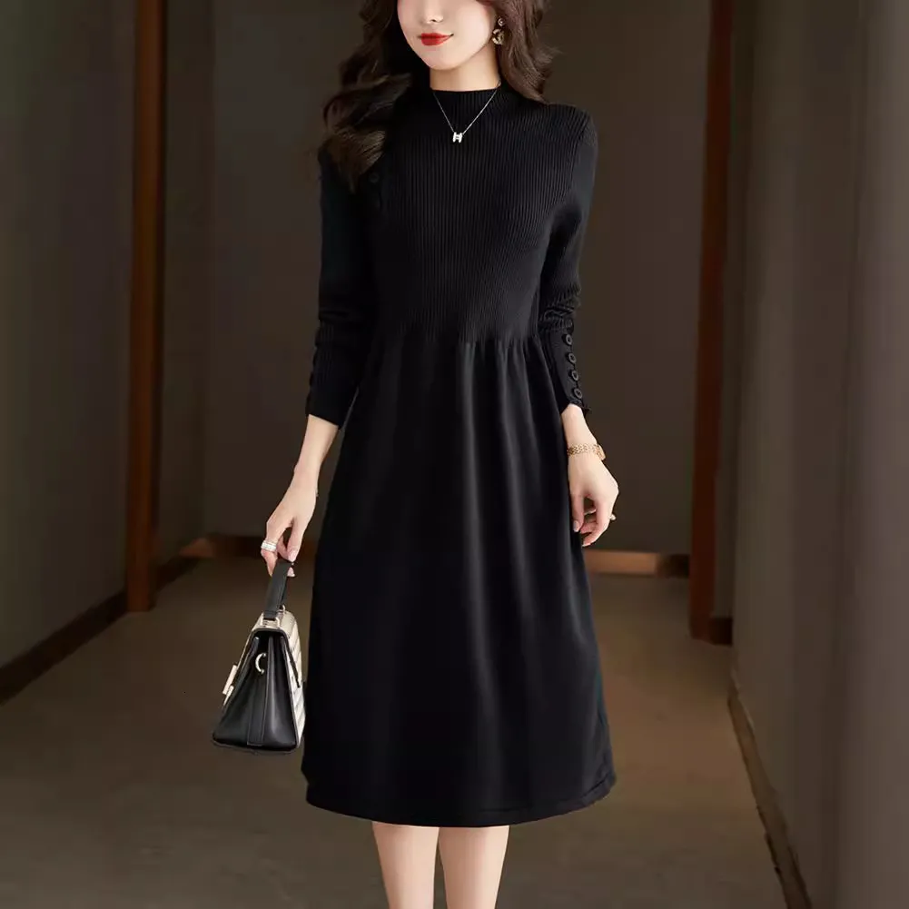 Korean Style Knitted Wool Dress for Women - Mid to Long Style, Semi-High Neck, Slimming Effect, Solid Color Base - Autumn/Winter Collection Korean Style Knitted Wool Dress for Women - Mid to Long Style, Semi-High Neck, Slimming Effect, Solid Color Base - Autumn/Winter Collection
