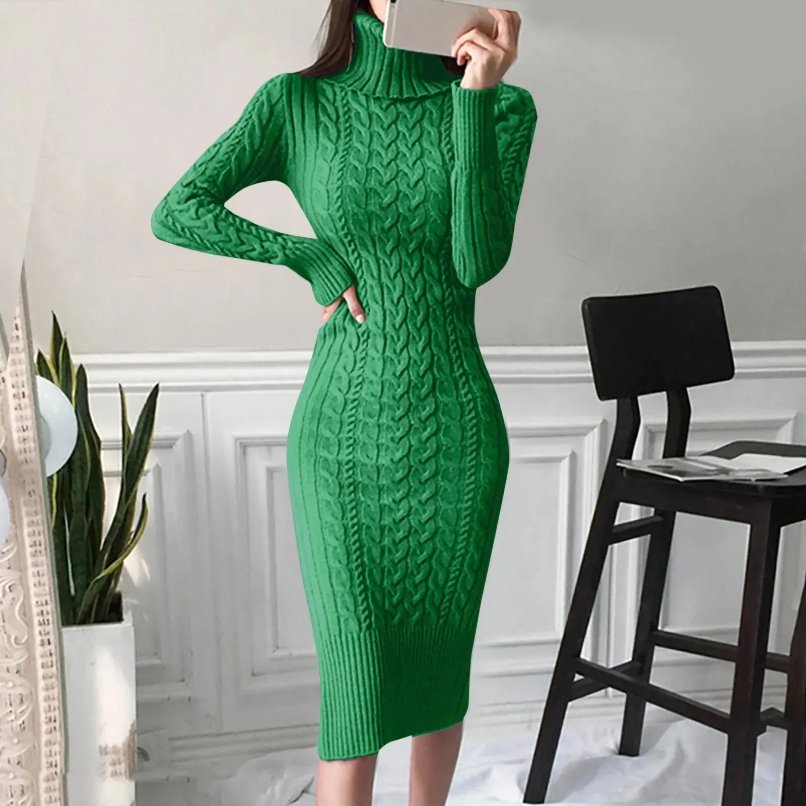 slim fit dress slacks Love Kuza Chunky Knit Turtleneck Sweater Dress Green / XLarge (12-14)