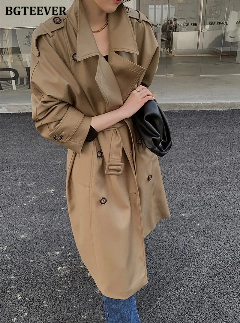 BGTEEVER Vintage Double Breasted Belted Women Long Trench