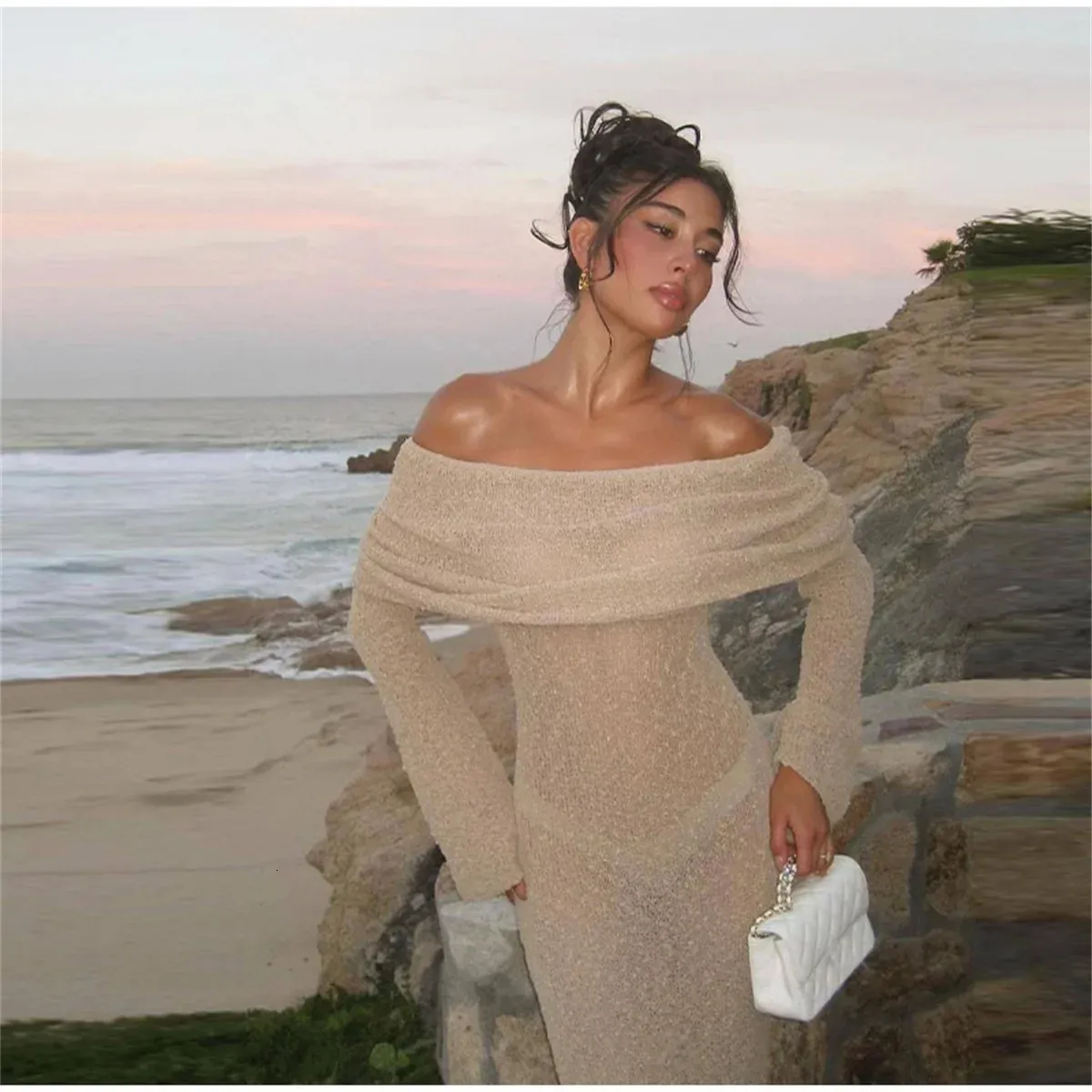 Vestido De Novia De La Playa Fuera Del Hombro: Elegante Vestido De Verano  De Punto Blanco, Maxi De Crochet Largo Para Mujeres, Detalles De Hueco,  Perfecto Para Playa O Ocasiones Especiales De, image size:1200x1200