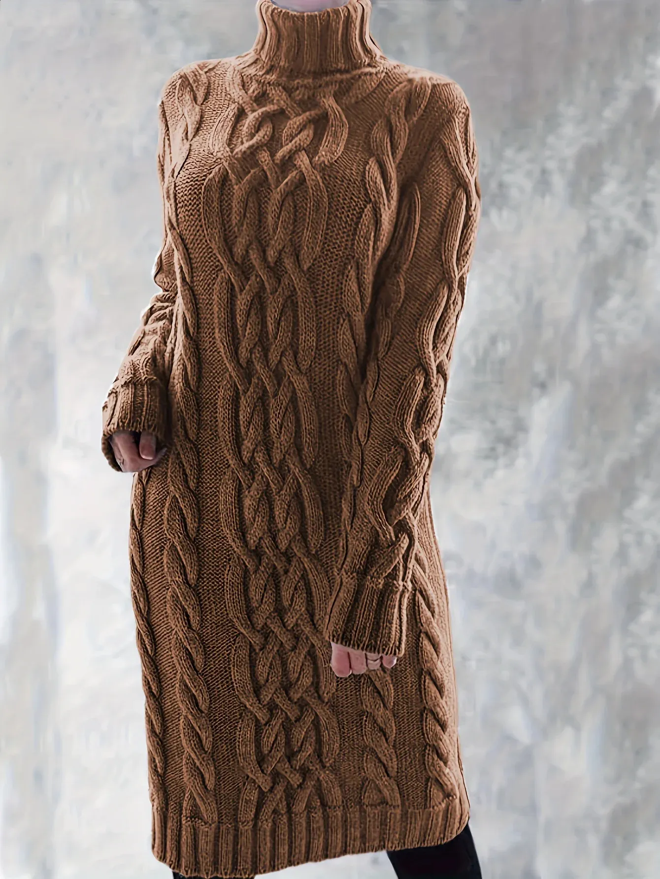 Stylish and Comfortable Women's Turtleneck Knit Sweater Turtleneck Sweater dress with Long Sleeves - 240809