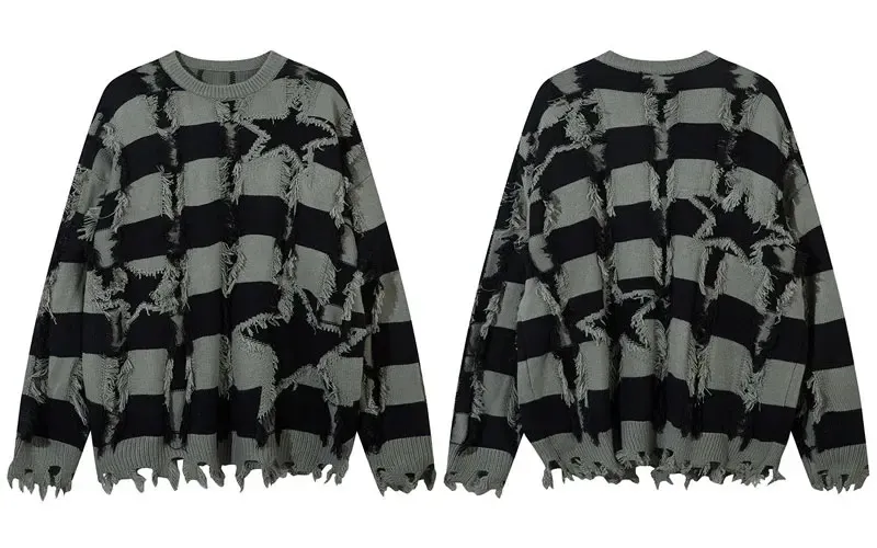 Grunge Star Knit Sweater: Distressed Harajuku Pullover, Punk