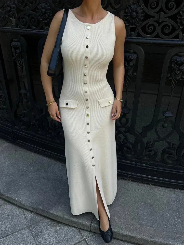 Elegant Ribbed Knit Maxi Dress High Waist, Slim Fit, Sleeveless, with  Pockets Shop Now!
