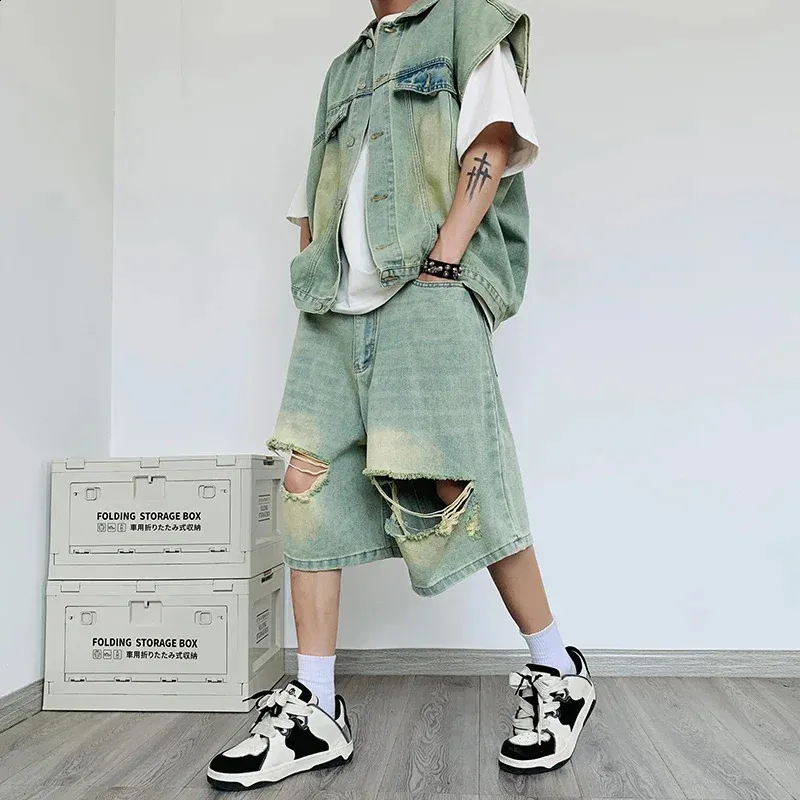 Summer Denim Set: Sleeveless Jacket Shorts Casual Loose Fit, High Tear  Jeans Clothing Shop Now!