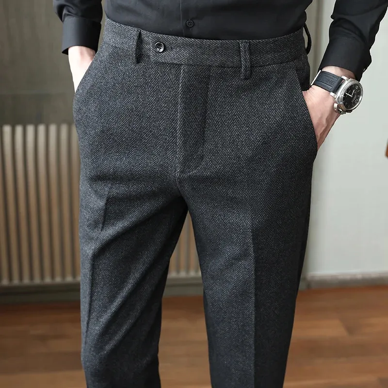Men's Slim Fit Grey Wool Business Casual Pants for Autumn and Winter - Fashionable Casual Sand Nap Suit (Pantalon240808)