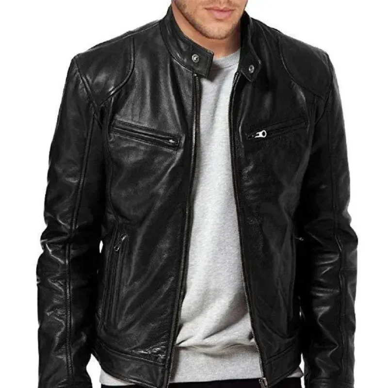 【汚れなし】RETRO SYNTHETIC LEATHER JACKET Mens Genuine Leather Motorcycle Jacket - Vintage Retro Moto