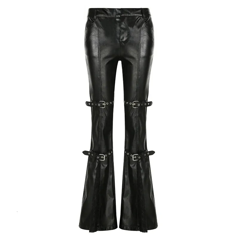 SUCHCUTE Gothic PU Leather flare pants with Lace Patch for