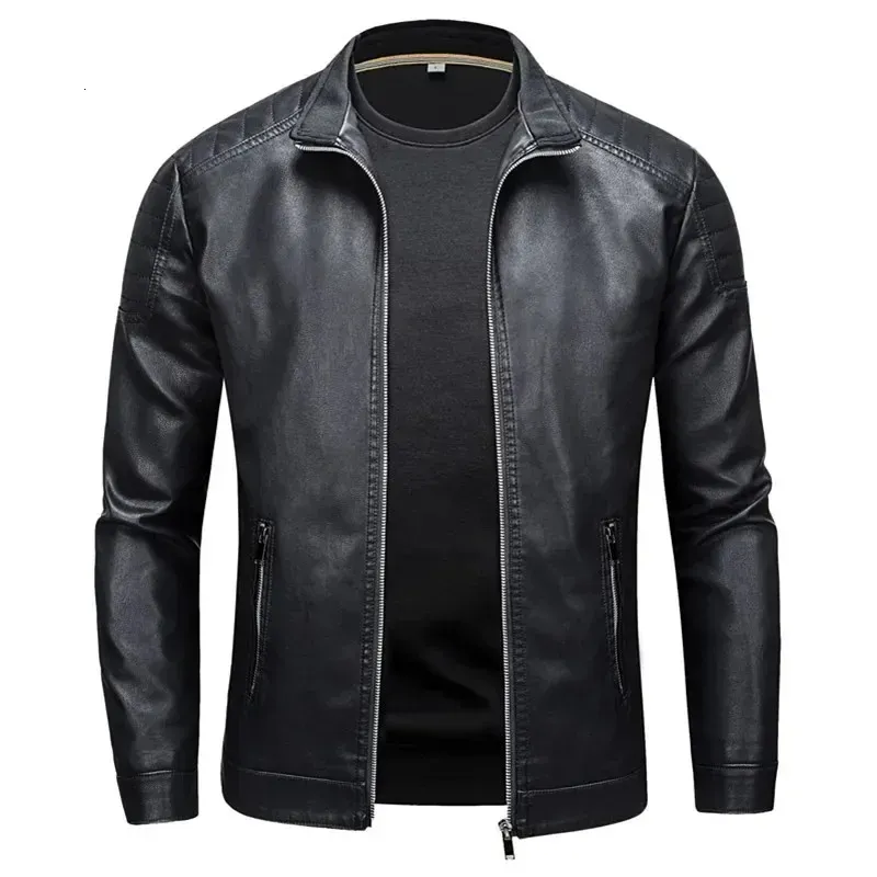 Mens Solid Color Fashionable Long Sleeved Synthetic Leather Jacket
