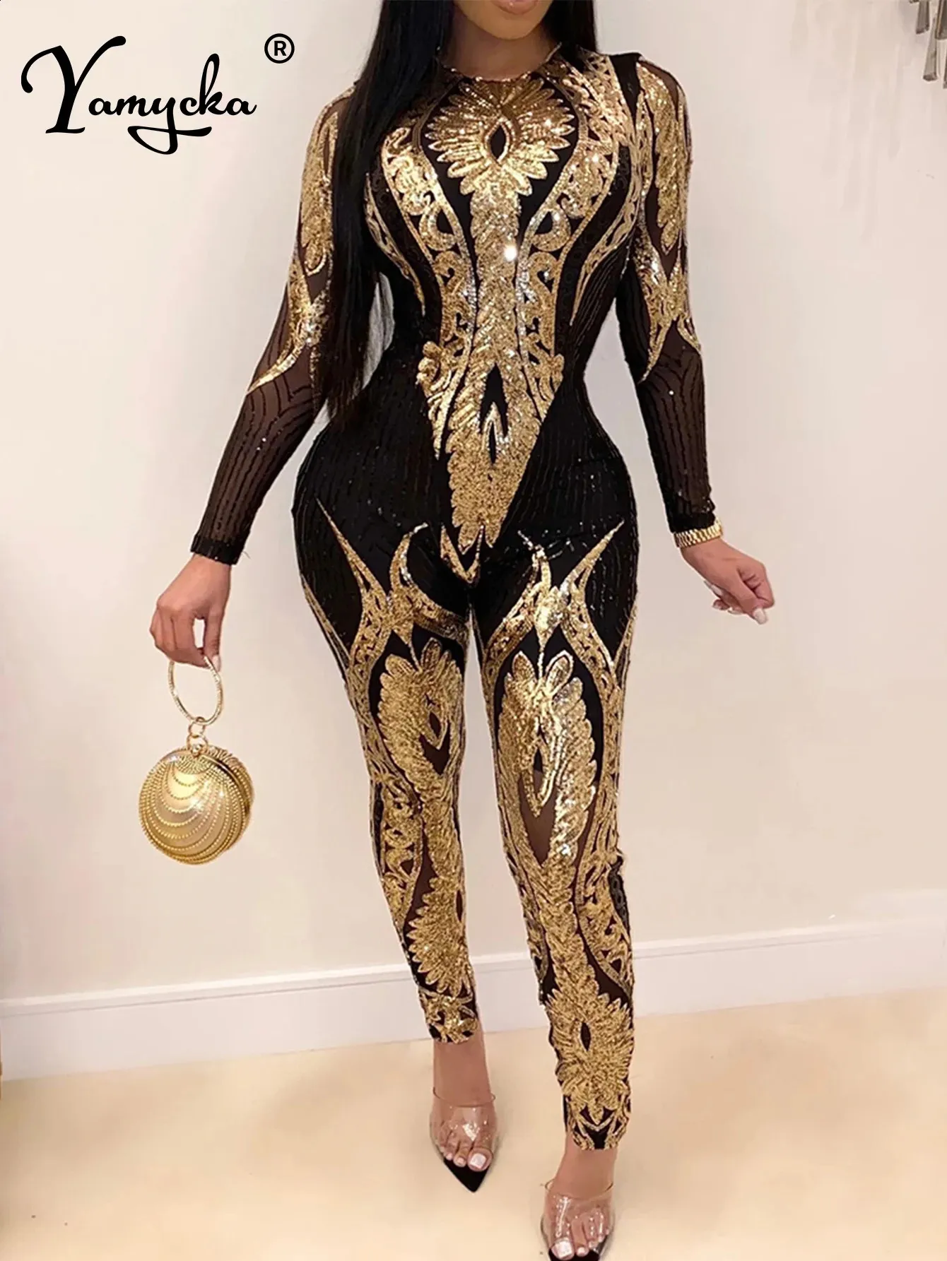 Long Sleeve Sequin Bodycon Jumpsuit for Women Sparkly One Piece Party Clubwear