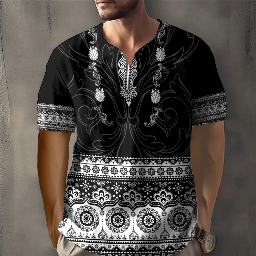 Mens Acetate Retro Ethnic Printed T Shirt, Loose Fit, Short Sleeve