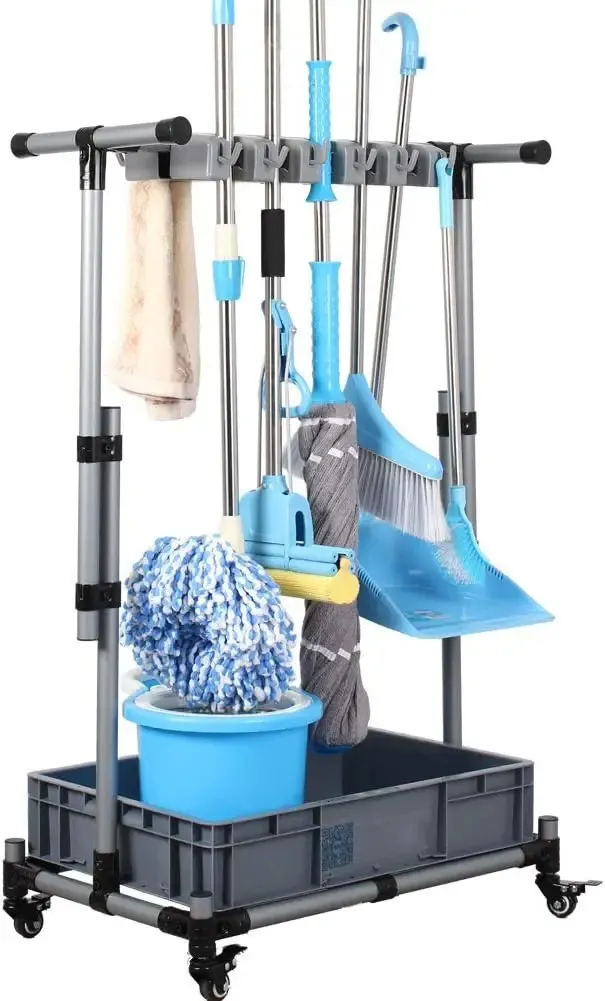 Movable Cleaning Tool Organizer - Broom and Mop Holder, Wet Floor Rack ...