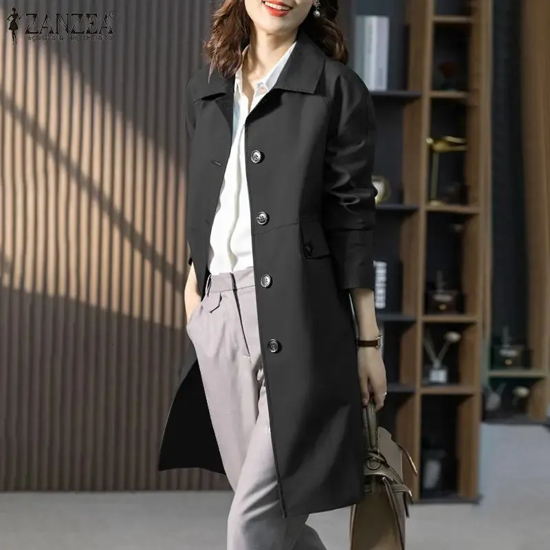 Elegant Womens Long Trench Coat Classic Lapel Windbreaker