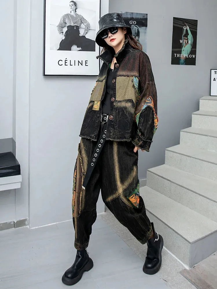 Autumn Women's Printed Patchwork Old Denim Two-Piece