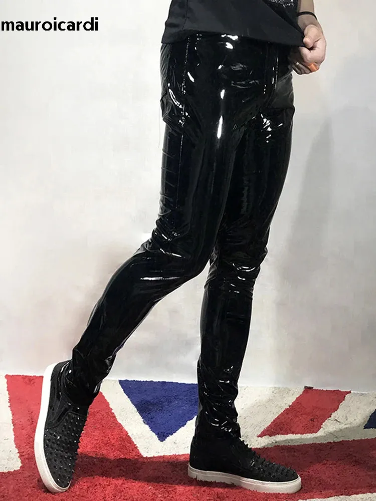 Mens Shiny Black Patent Leather Pants - Y2K Reflective