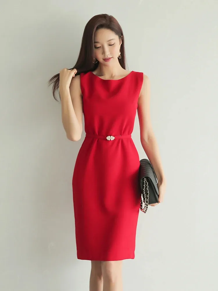 open lace back dress Andrea Womens Red Work Dress, midi length with Gold Zip – Miss Métier main image 0