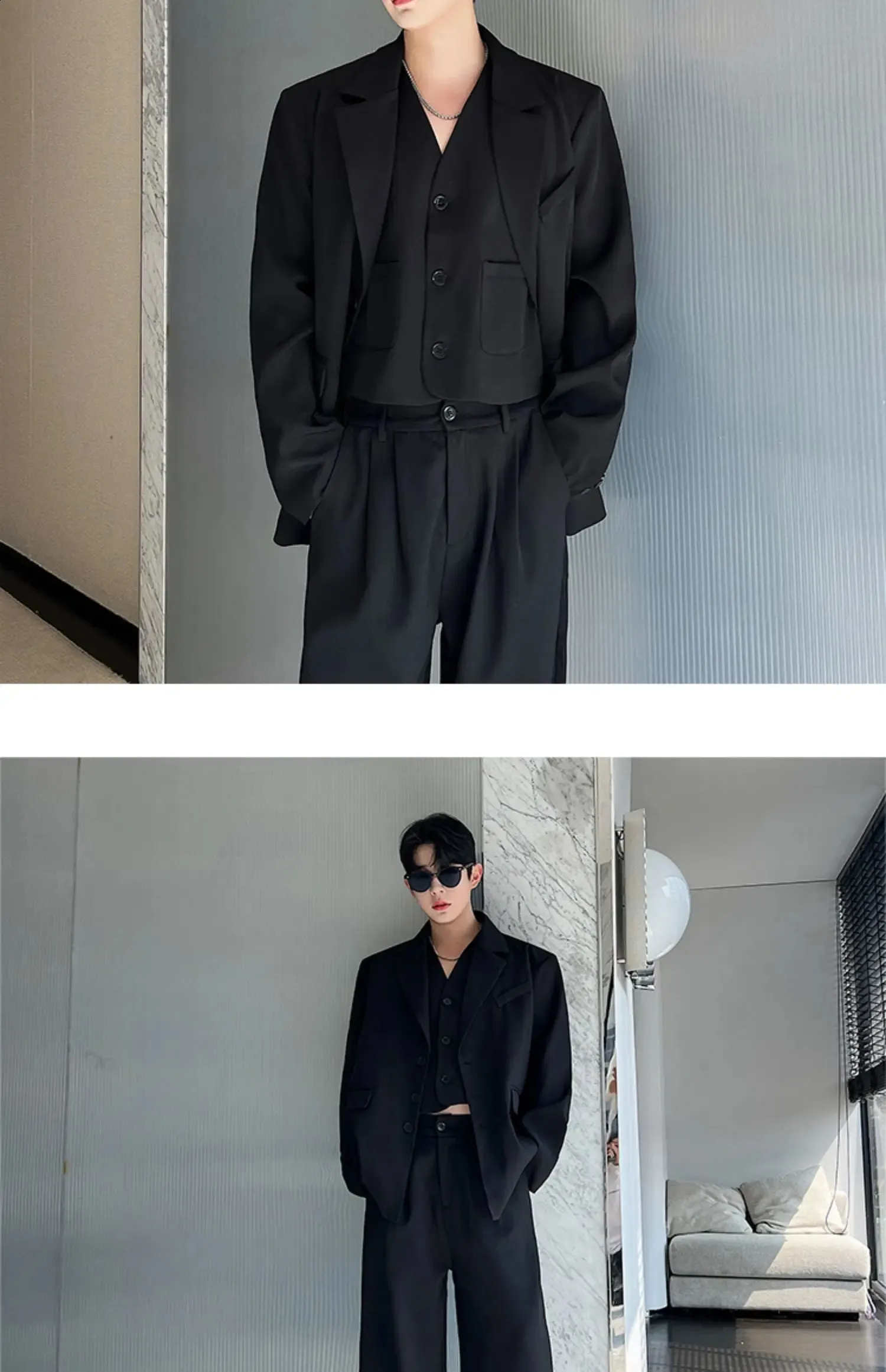 NOYMEI Fashion Set Black Acetate Casual Jacket and Wide Leg Pants 