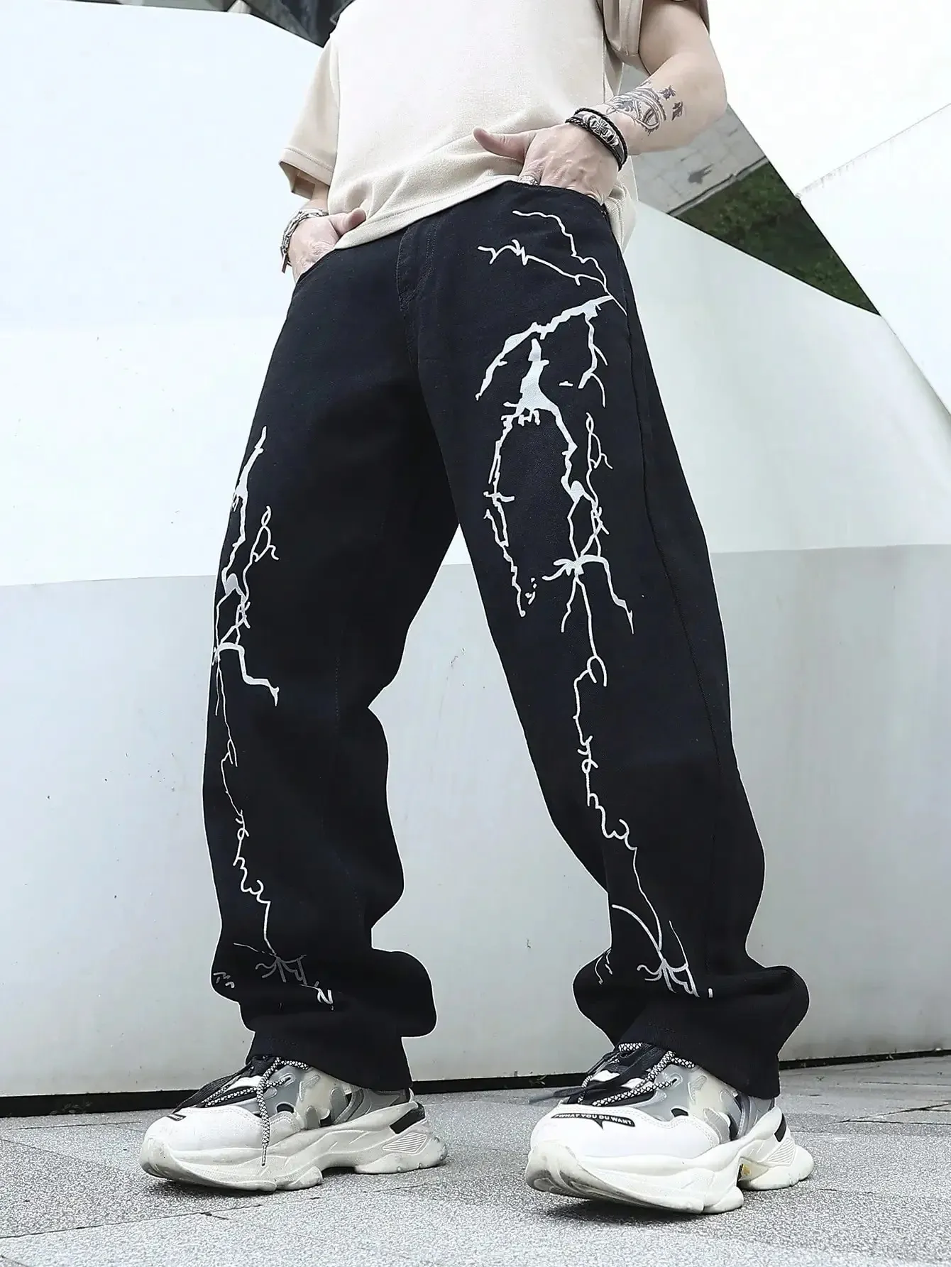 Fsqjgq Mens Jeans Street Fashion Hole Baggy Wide Leg Cargo