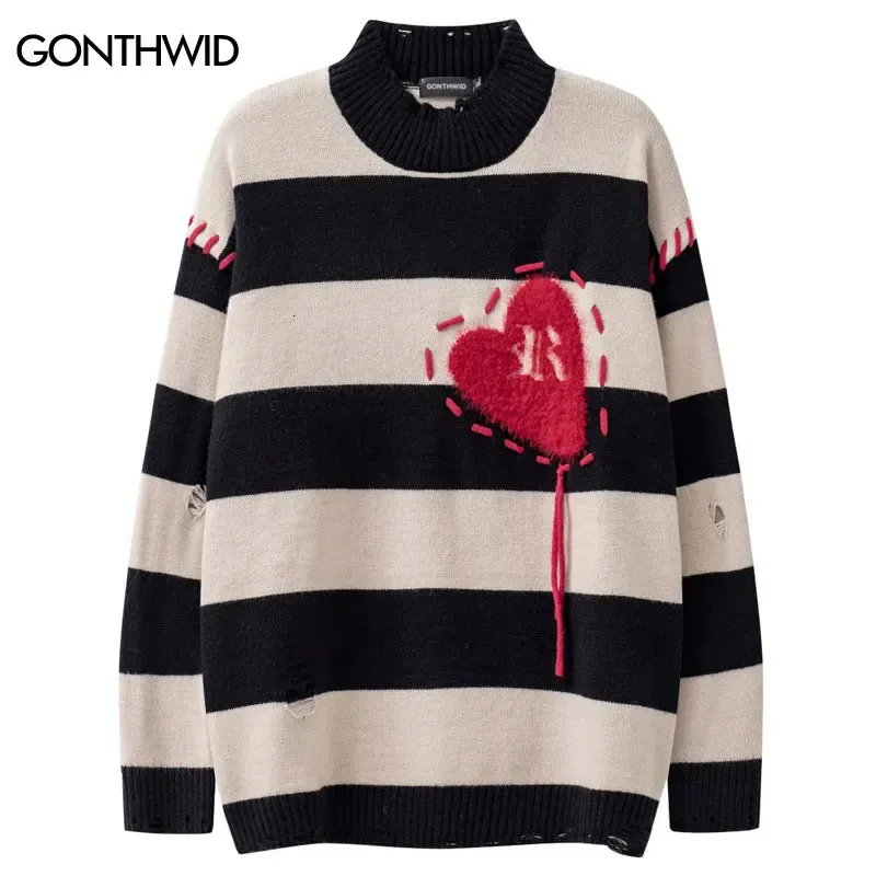 Save Big on Bulk Harajuku Men Sweater Loose Knit Pullover Sweater,  Streetwear Harajuku Style, Men's Distressed Sweater With Heart Design,  Black