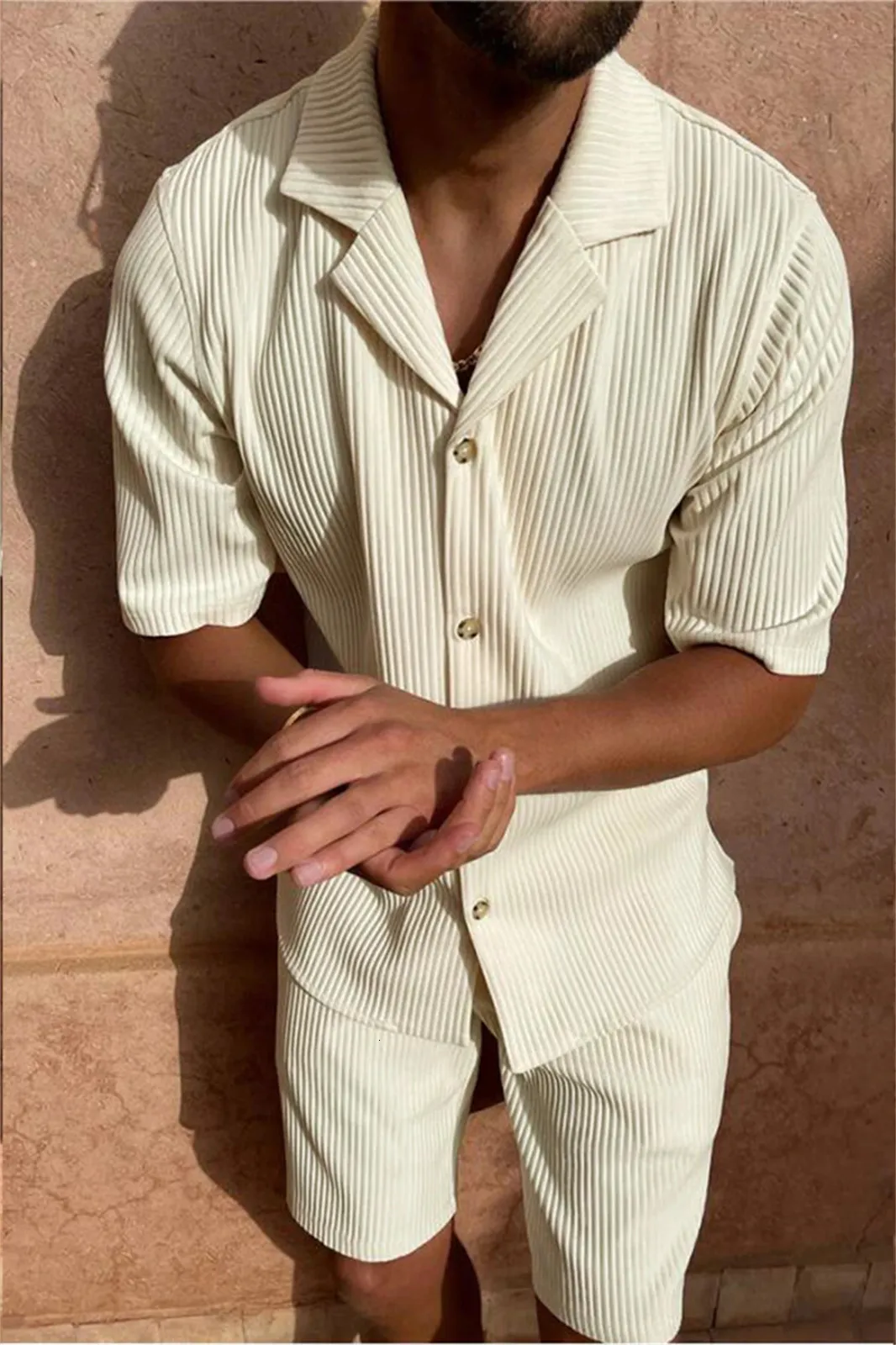 Mens Corduroy Shirt & Shorts Set - Summer Casual Outfit