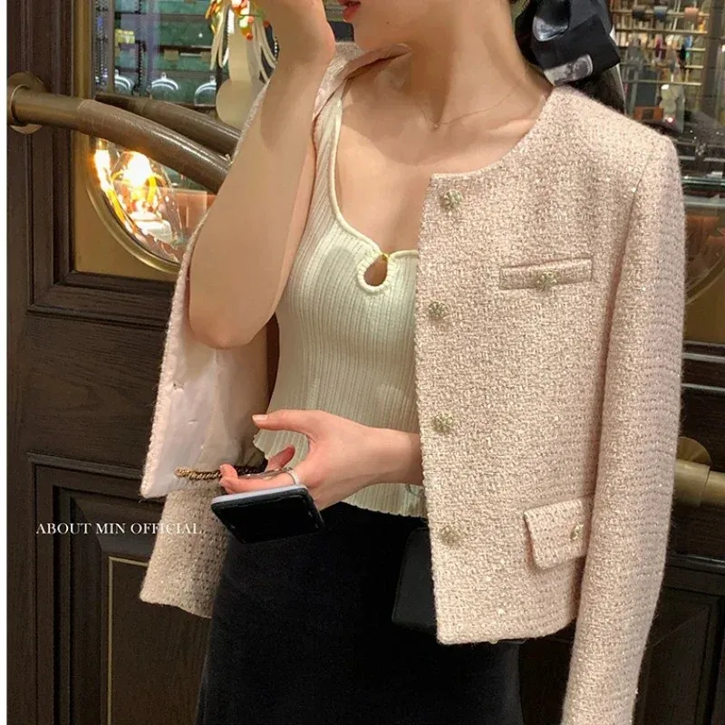 【自宅試着のみ】Wool-Blend Fancy Tweed Jacket Chic French Tweed Wool Sweet Pink jackets for women for