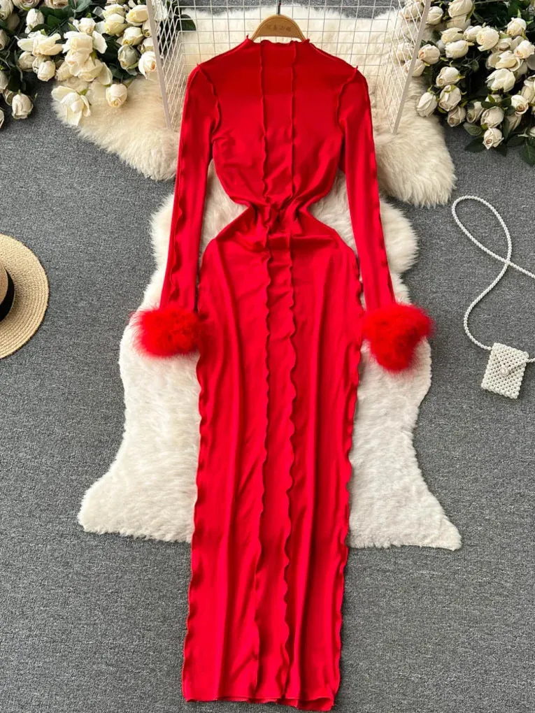 Foamlina Bright Red Long Sleeve Bodycon Maxi Dress With Stand Up Collar &  Backless Design  Spring/Autumn Party Wear From Zorastore, $21.78 In Bulk |  DHgate.Com