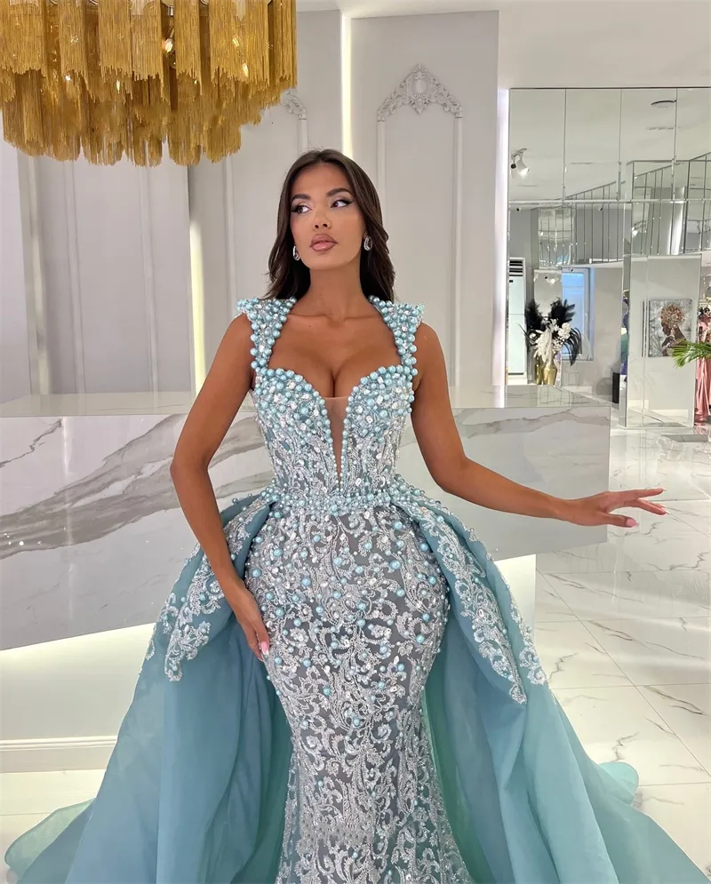 Lace Elegant Mermaid Gown Graduation Dresses Dusty Blue Lace Pastel Blue  Evening Gown WPPUPP Tulle Off