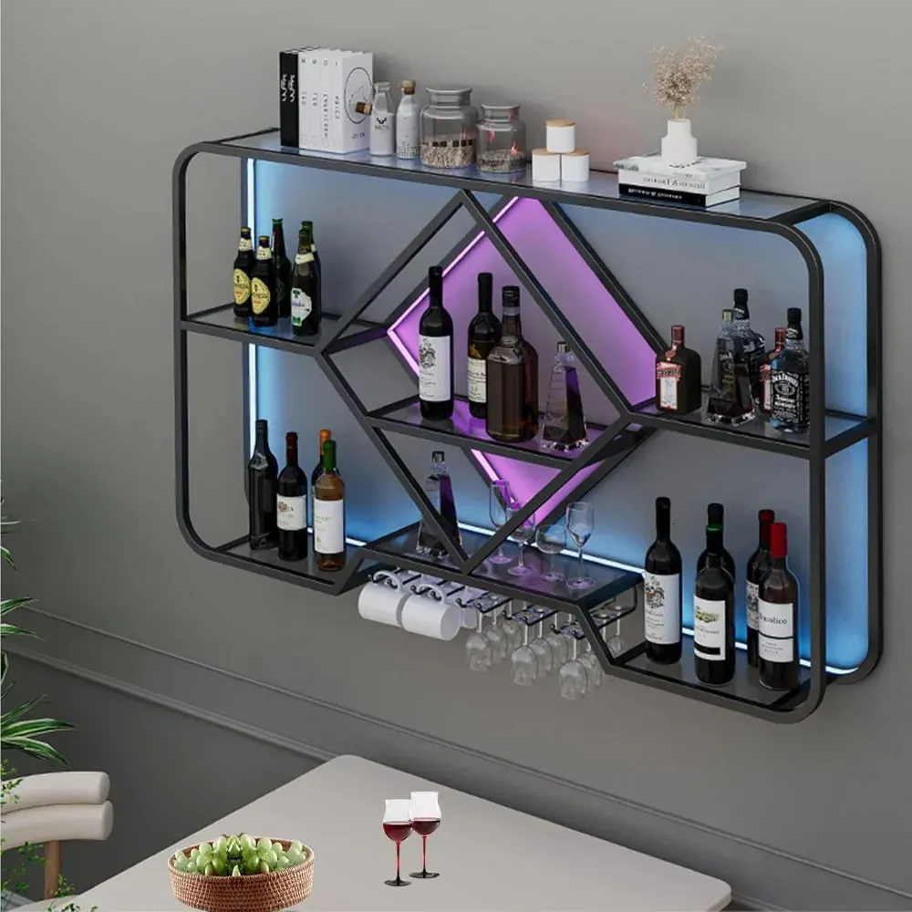 HFTUW 71 Inch Wall-Mounted Wine Rack With Led Light, 4-Tier Half Round Bar Shelves Industrial Metal Display Storage Shelf Wine Glass Hooks For Home Bar Dining Roomblack Yellow Led 71in 180cm