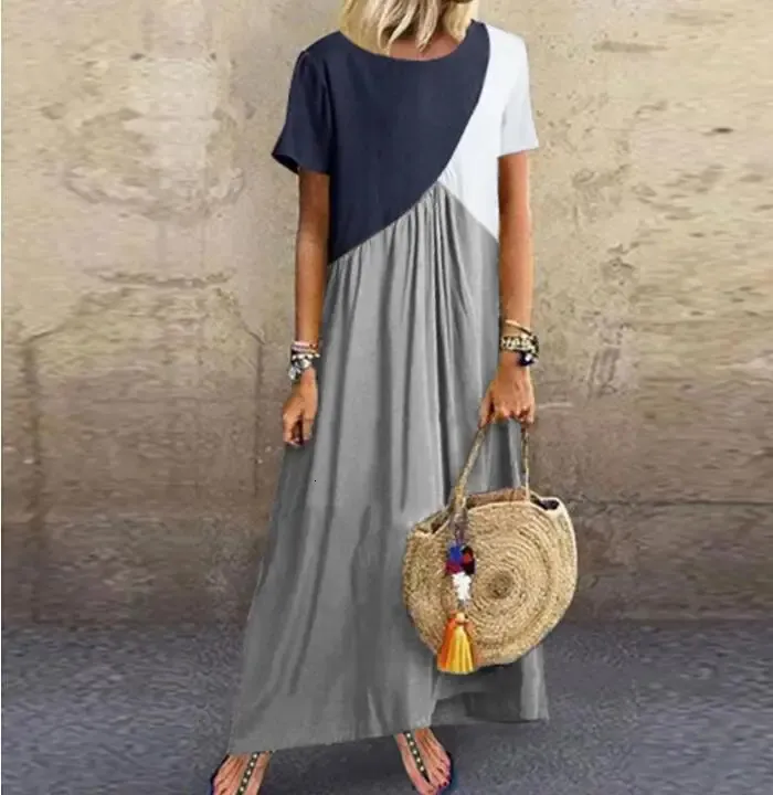 Patchwork Long Maxi Dress for Women - Loose Fit Beach Vestidos with Short Sleeves, Plus Size Options - Perfect for Casual Wear (240808)