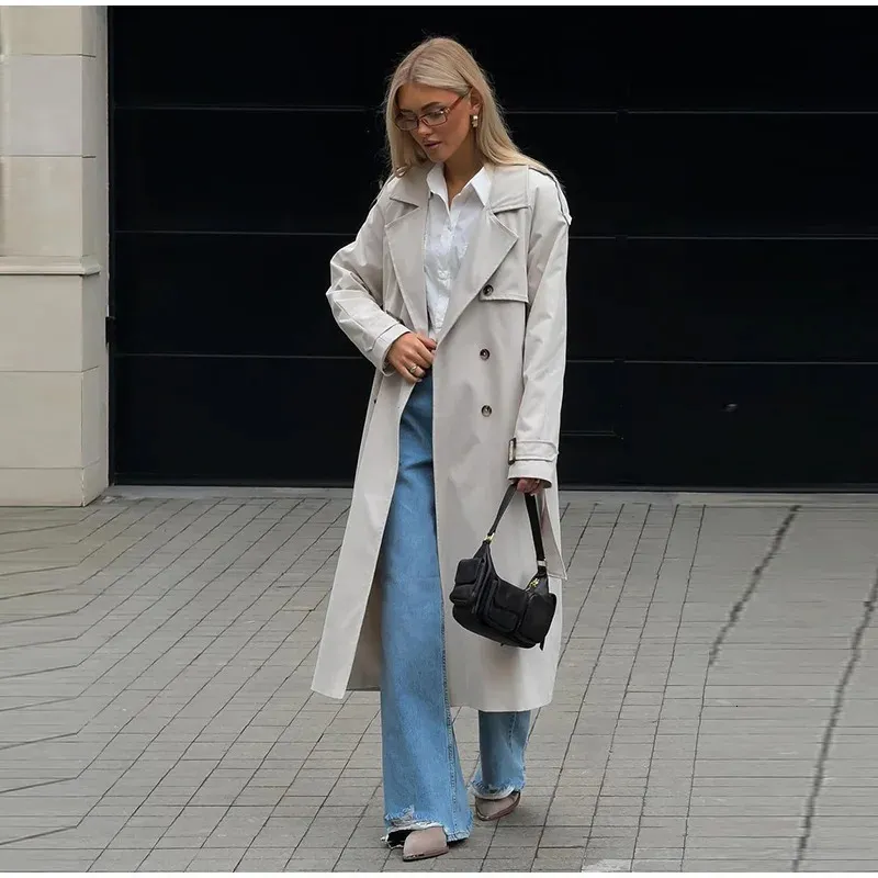 Mid Length Trench Coat Womens Elegant Light Grey Double