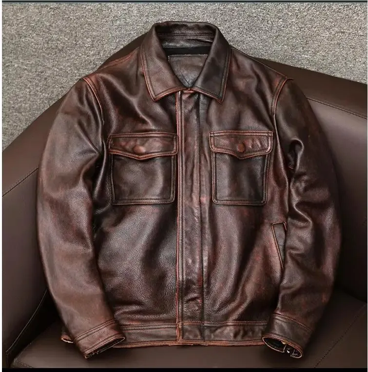 ジャケット・アウター vintage cowhide leather jacket size:L Men Vintage Cowhide Genuine Leather Jacket Motorcycle Biker